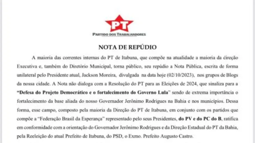 ITABUNA: NOTA DE REPÚDIO MOSTRA ISOLAMENTO DE GERALDO NO PT